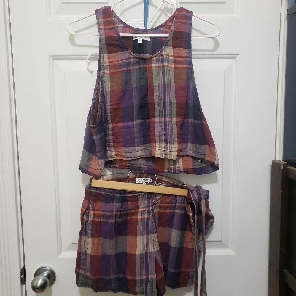 Aritzia Community Plaid Crop Top and Shorts Set